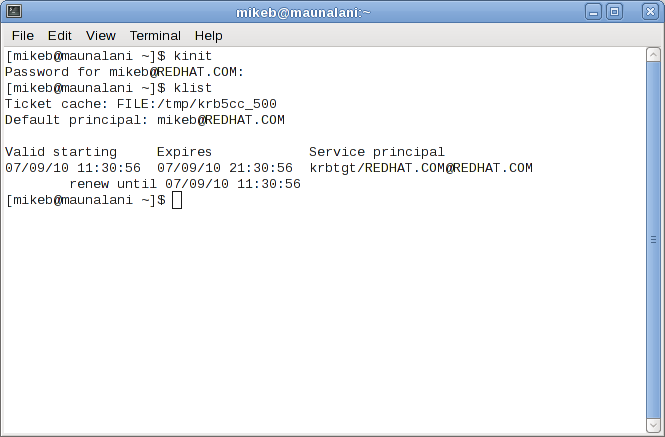 Example of kinit and klist usage