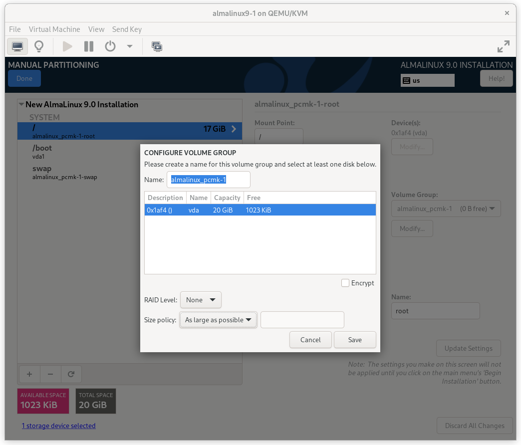 Configure Volume Group Dialog